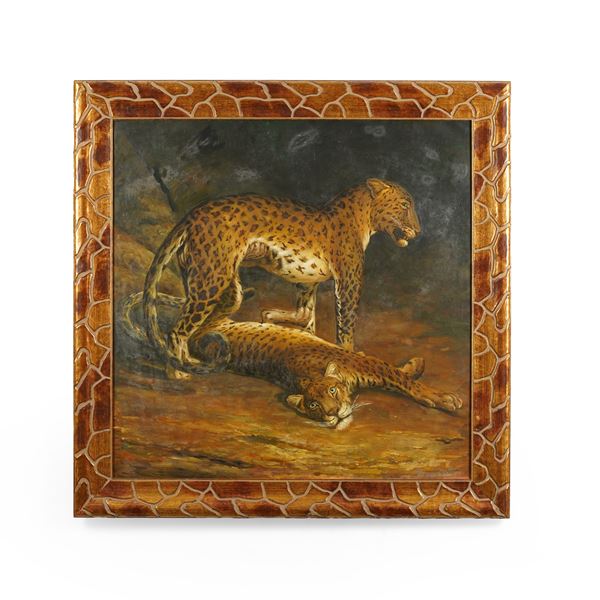 Dipinto raffigurante giaguari entro cornice leopardata