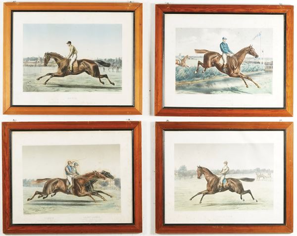 Quattro stampe in cornice raffiguranti scene equestri