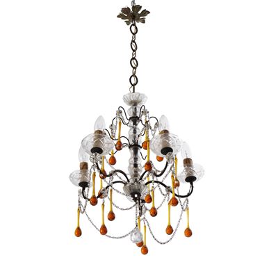 Lampadario in ferro e vetro, sei luci con gocce decorative in ambra