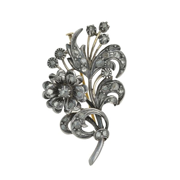Rose-cut diamond, silver and gold brooch