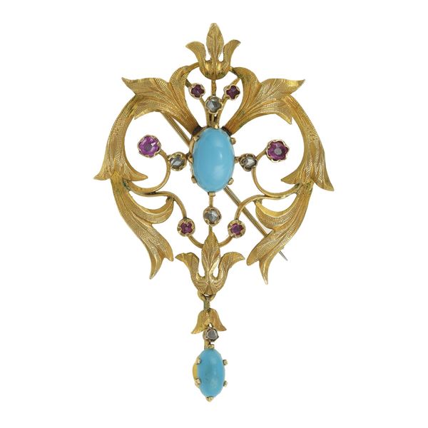 Turquoise, diamond and ruby brooch