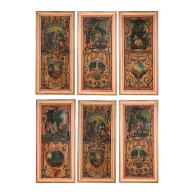 Gruppo di sei panelli dipinti, scene di genere e paesaggi, olio su tela, XVIII secolo