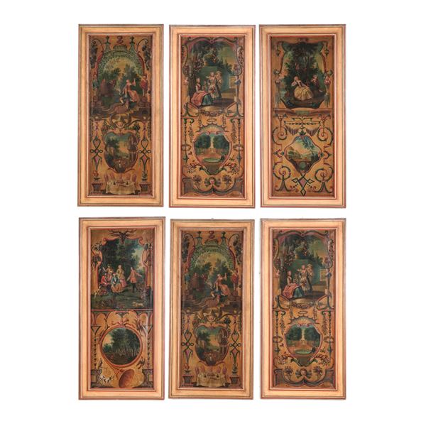 Gruppo di sei panelli dipinti con scene di genere e paesaggi. XVIII secolo
