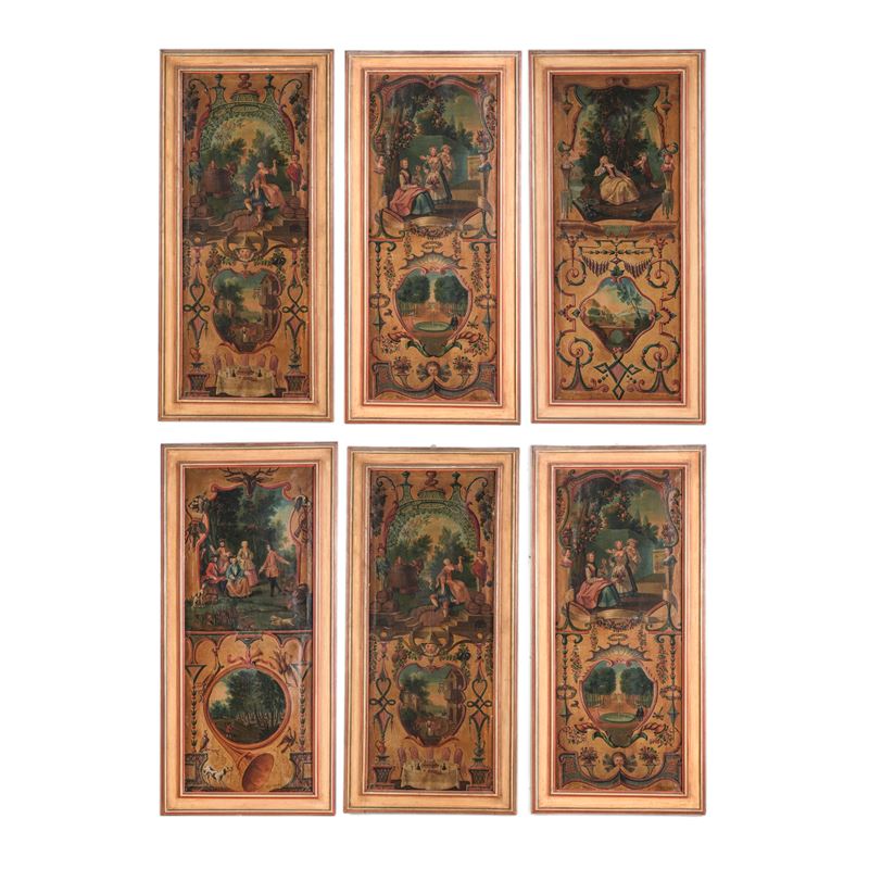 Gruppo di sei panelli dipinti con scene di genere e paesaggi. XVIII secolo  - Asta Dimore Italiane - Cambi Casa d'Aste
