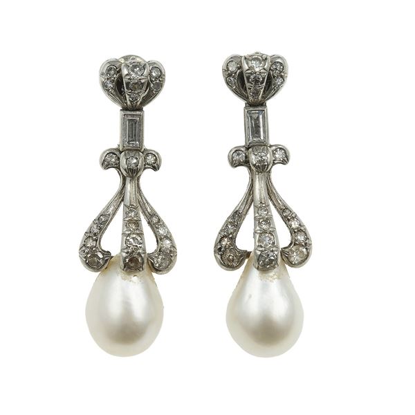 Pair of pearl, diamond, gold and platinum earrings