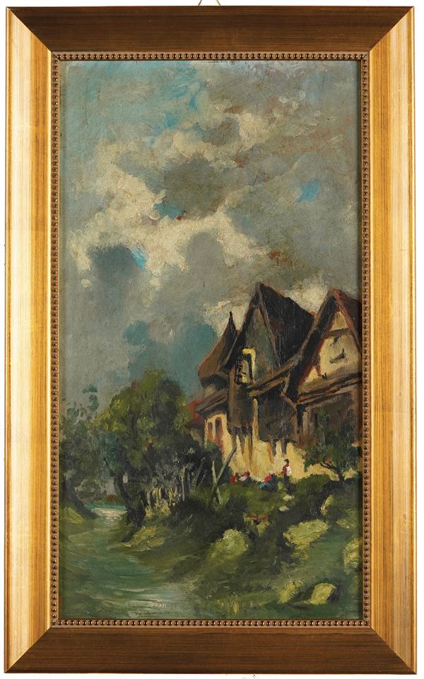 Pittore del XIX-XX secolo Casa su riva