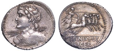 Licinia. C. Licinio L.f. Macer, 84 a.C. Denario.