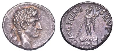 Ottaviano Augusto, 27 a.C. - 14 D.C. L. Mescinius Rufus, Intorno al 16 a.C. Denario. Roma.