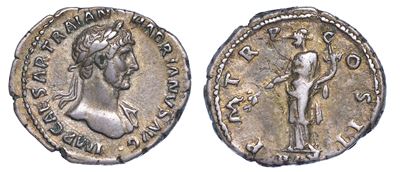 Adriano, 117-138. Denario. Roma.