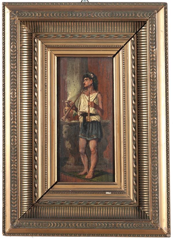 Pittore del XIX secolo Giovane in abiti romani con flauto