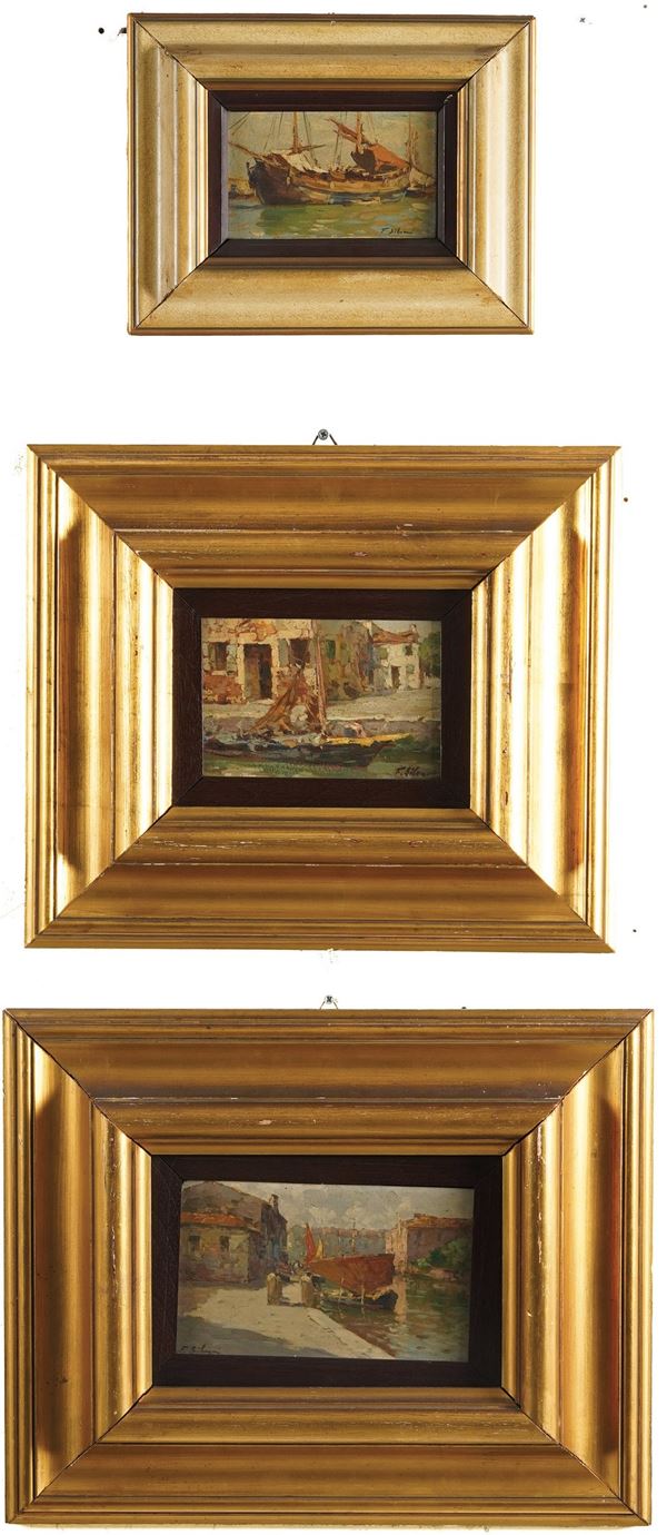 F. Silvani Tre vedute venete con imbarcazioni