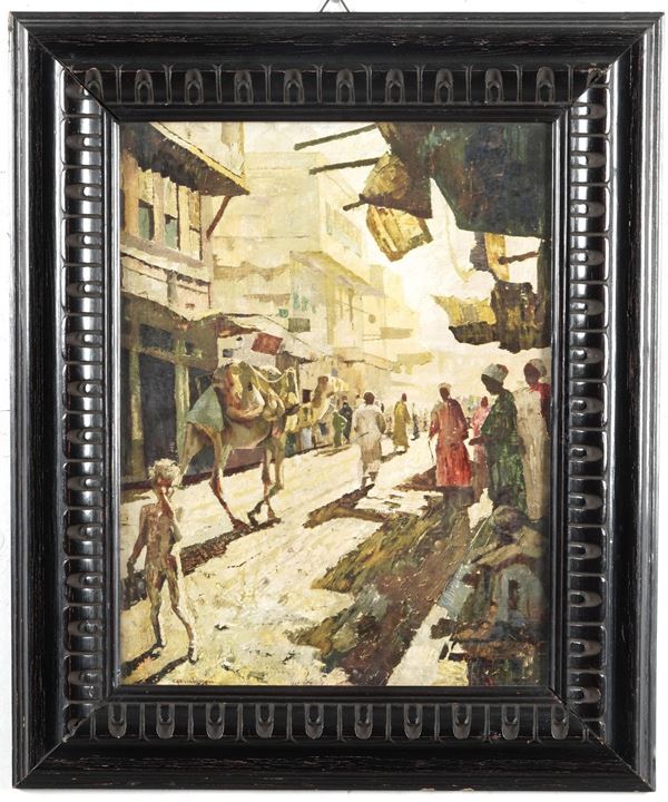 Pittore del XIX-XX secolo Scorcio di strada araba