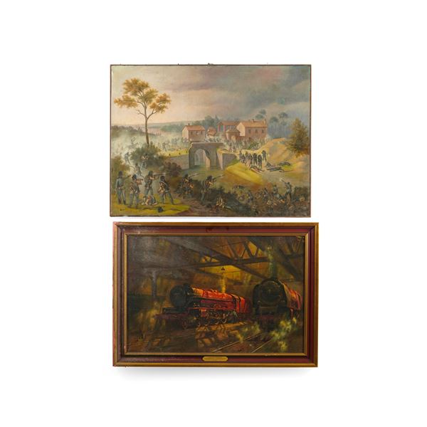 Due dipinti diversi su tela “ battaglia “ e “ locomotive “