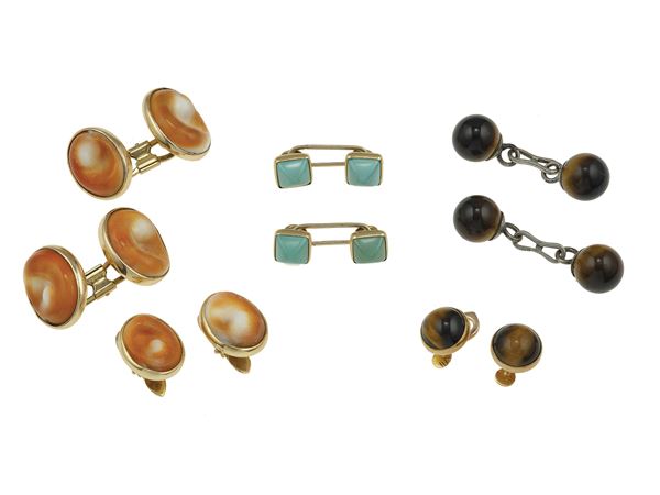 Three pairs of gemstone, gold and silver cufflinks and studs