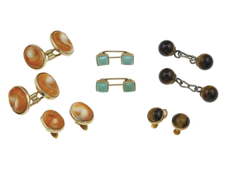 Three pairs of gemstone, gold and silver cufflinks and studs  - Auction Fine Jewels - Cambi Casa d'Aste