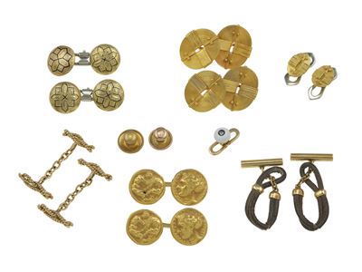 Montature in oro 750/1000 e oro 9 Kt, set di bottoni da polso e bottoni da sparato