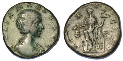Giulia Mesa (nonna di Eliogabalo e di Alessandro Severo), + 226. Sesterzio.