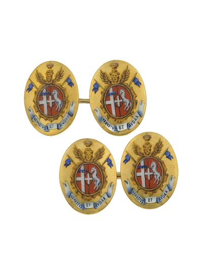 Bottoni da polso in oro giallo 750/1000 con smalti policromi, motto “Venvstvs et avdax”
