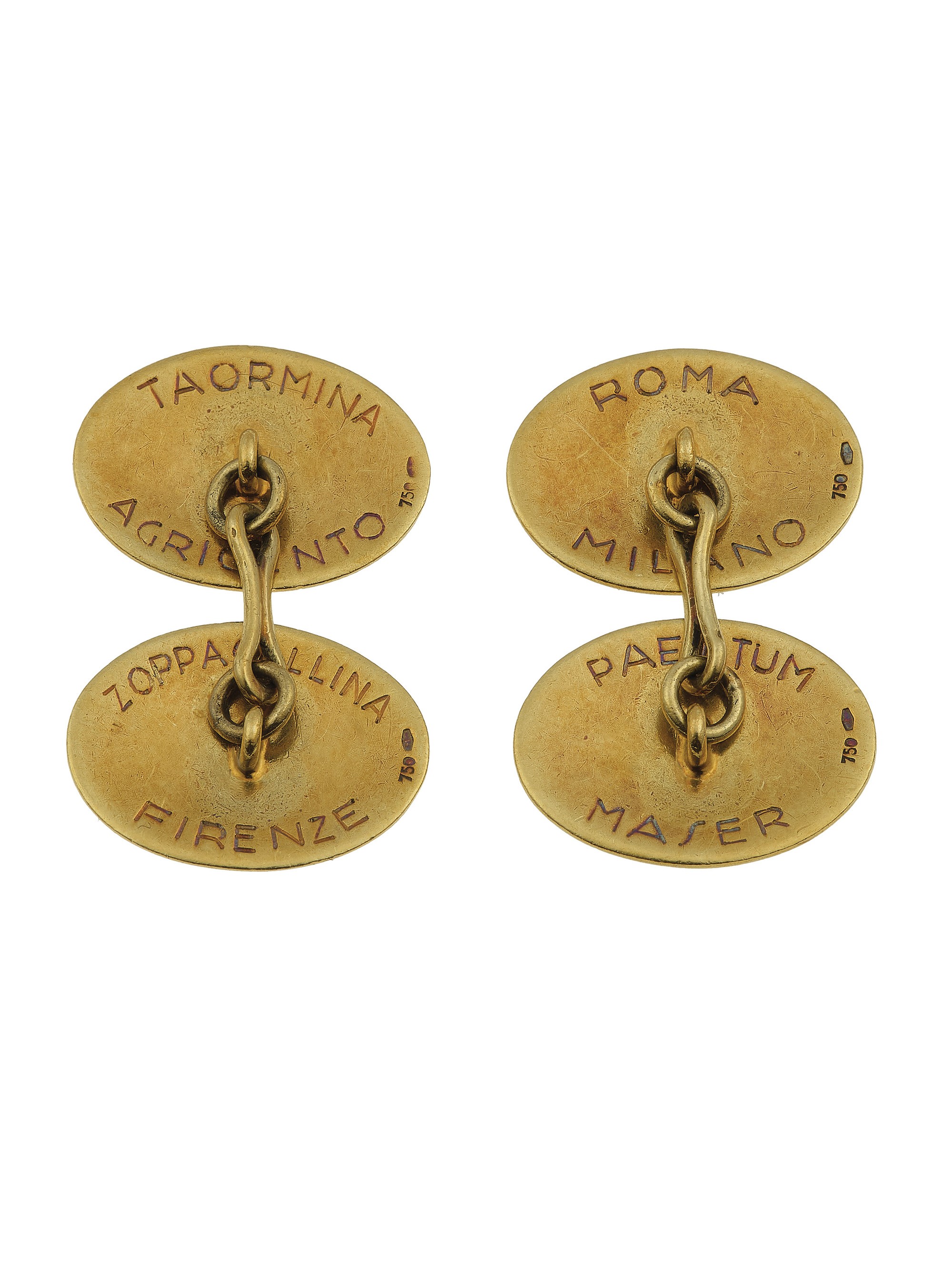 Bottoni da polso in oro giallo 750/1000 con smalti policromi, motto “Venvstvs et avdax”