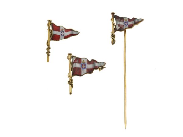 Two gold and enamel brooches and one pin