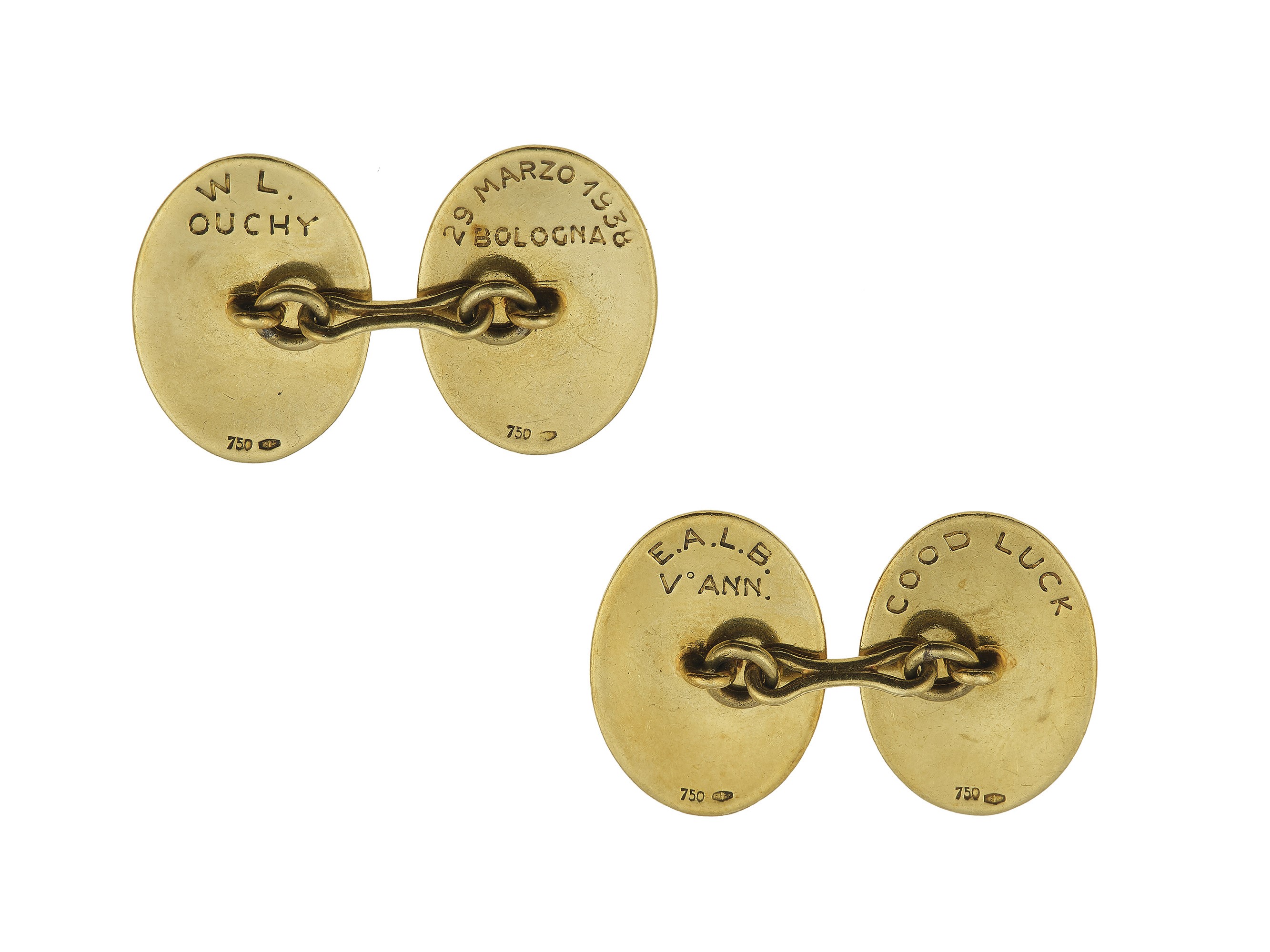 Paio di bottoni da polso, oro 750/1000 con smalti policromi e stemma del Reggimento Savoia Cavall...