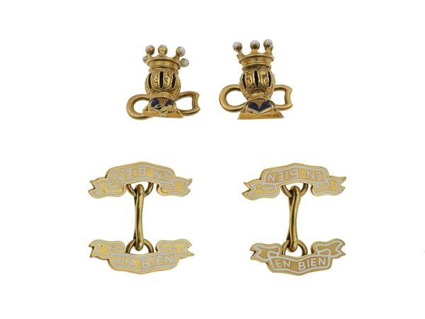 Pair of gold and enamel cufflinks and a pair of studs