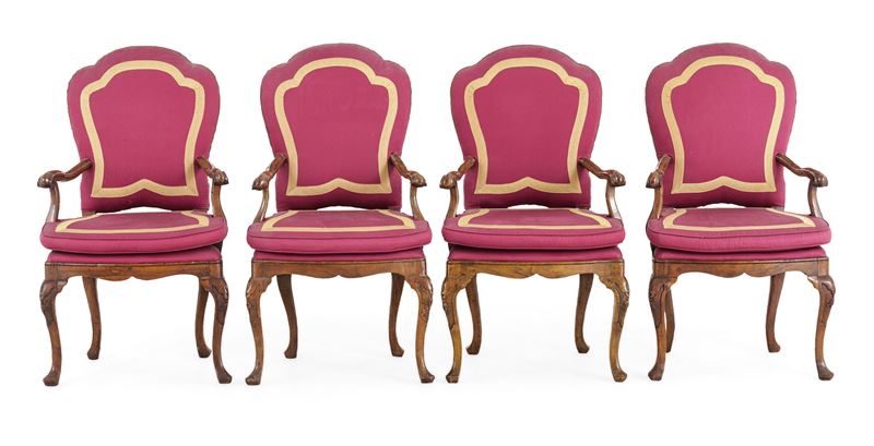 Quattro poltrone Luigi XV in legno di noce. Bologna, XVIII secolo  - Asta Dimore Italiane - Cambi Casa d'Aste