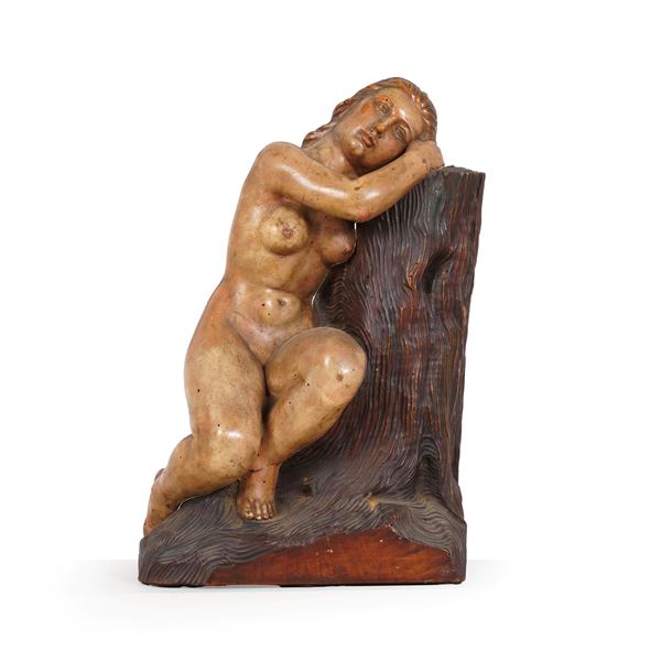 Scultura in legno figura femminile abbracciata ad un tronco, XIX secolo