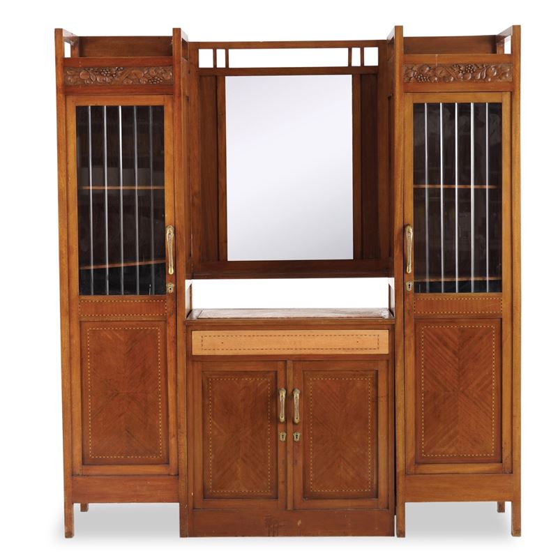 Mobile Liberty con ante a vetri e parte centrale con mobile a due ante piano in marmo e specchio  - Auction Antiques - Cambi Casa d'Aste