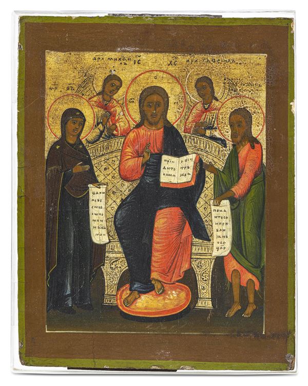 Cristo Pantocratore, San Giovanni Battista e La Deipara. Icona tempera su tavola. Europa orientale XIX secolo