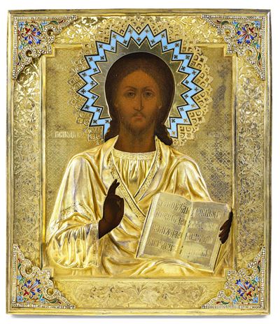 Cristo Pantocratore, Russia Fine del XIX Secolo, Punzone Mosca 1879, Saggiatore Ak. Orafo Ivanov ...