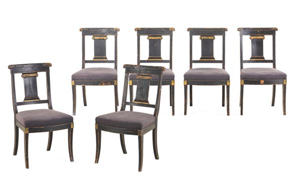Gruppo di sei sedie in legno stile direttorio. XX secolo