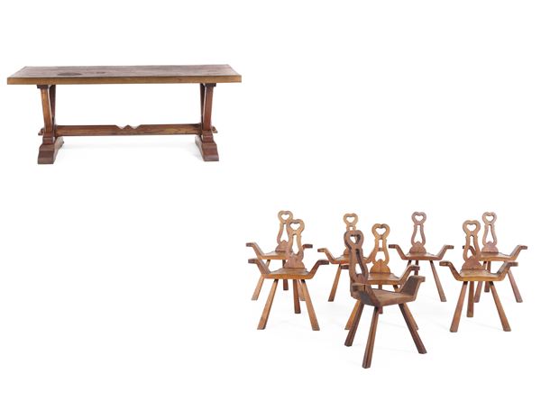 Tavolo in legno e otto sedie rustiche, XX secolo