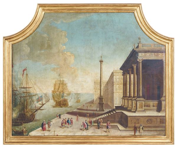 Scuola del XVIII secolo Veduta di molo con velieri e architetture