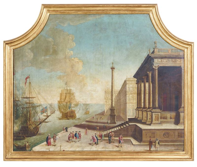 Scuola del XVIII secolo Veduta di molo con velieri e architetture  - olio su tela sagomata - Asta Dimore Italiane - Cambi Casa d'Aste