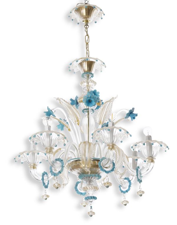 Lampadario in vetro a sei bracci. Murano, XX secolo