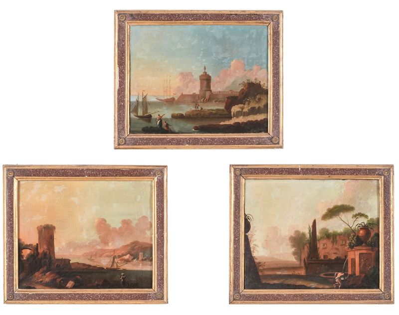 Scuola del XVIII secolo Paesaggi con architetture e figure  - olio su tela - Asta Dimore Italiane - Cambi Casa d'Aste