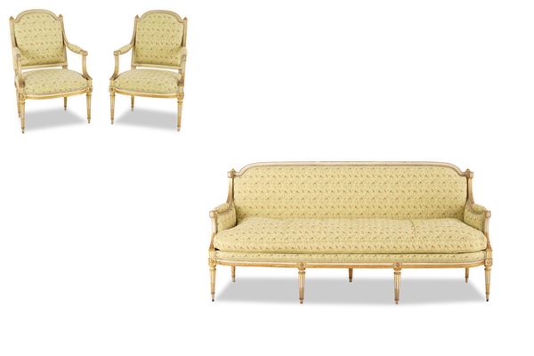 Fornitura da salotto in legno intagliato, laccato e dorato. Francia, XIX secolo