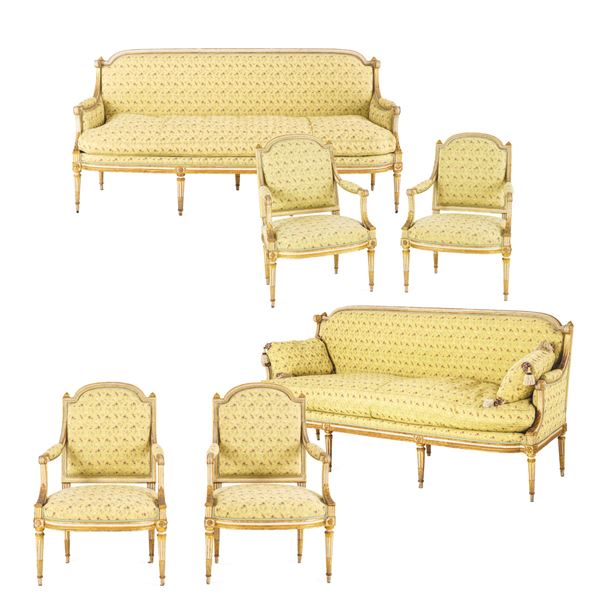 Fornitura da salotto in legno intagliato, laccato e dorato. Francia, XIX secolo