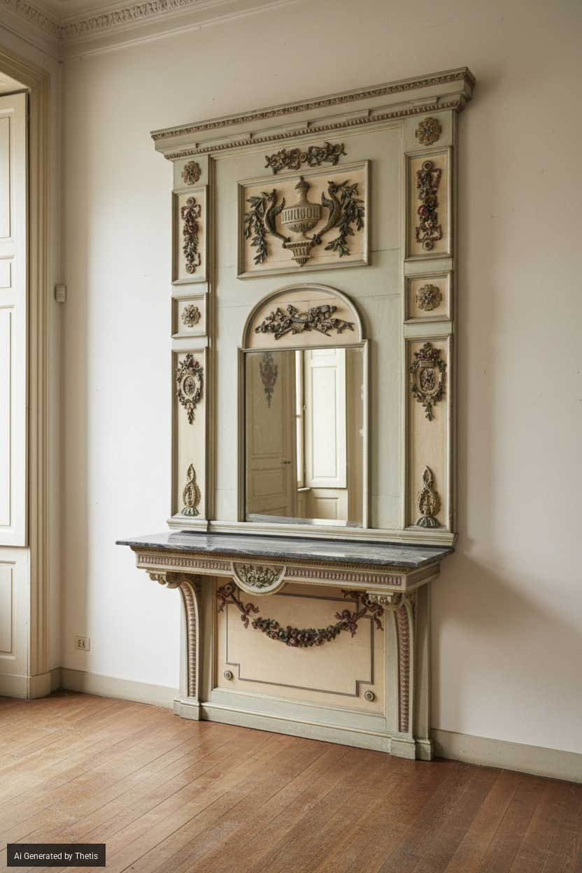 Consolle con Specchiera in Legno Laccato. Fine XVIII Secolo
