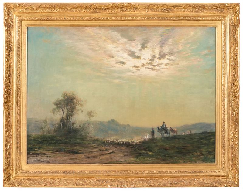 Henri Louis Foreau : Paesaggio con figure a cavallo e gregge  - olio su tela - Asta Dimore Italiane - Cambi Casa d'Aste