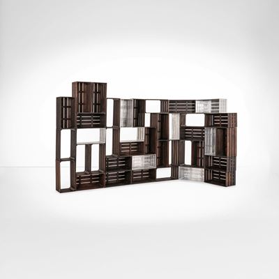 Mobile contenitore della serie Ortofrutta open box, legno laccato e metallo argentato, Italia, ca...