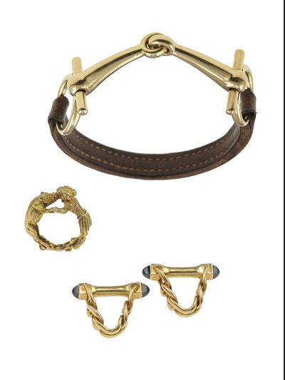 Montature in oro giallo 750/1000, bracciale in cuoio e accessori in metallo (lotto composto)