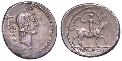 Valeria. L. Valerius Acisculus, Anno 45 a.C. Denario.