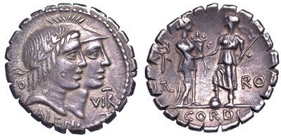 Cordia - Fufia. Q. Fufius Calenus e Mucius Cordus, Anno 70 a.C. Denario Serrato.