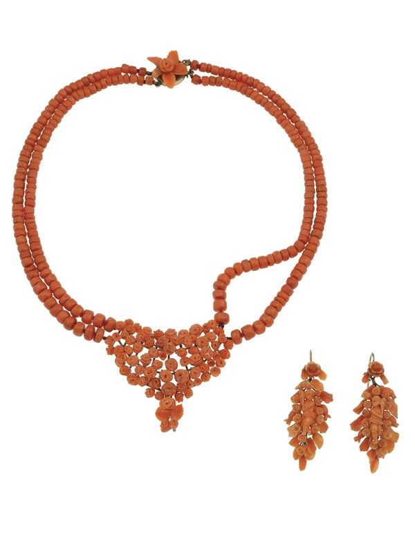 Coral, low-karat gold and silver demi-parure