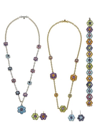 Parure di gioielli, girocolli, bracciale e orecchini con gem-set, in oro bianco e oro giallo 750/...