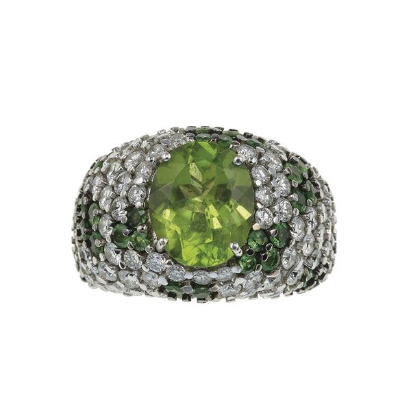 Peridot, tsavorite and diamond ring. Signed Cusi