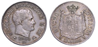 Milano. Napoleone I, 1805-1814. 2 Lire 1808.