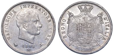 Milano. Napoleone I, 1805-1814. 5 Lire 1808.